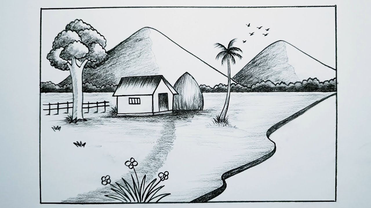 Beautiful village scenery drawing | Landscape drawing with pencil shading |