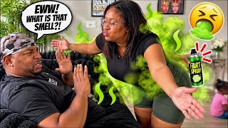 SPRAYING FART SPRAY ON MY CLOTHES THEN TRYING TO HUG MY HUSBAND!