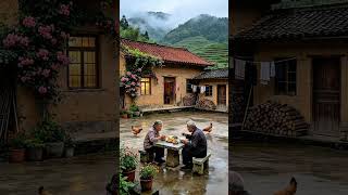 An umbrella, a basket, a scene with each step, stone bridges, running water, and vegetable gardens