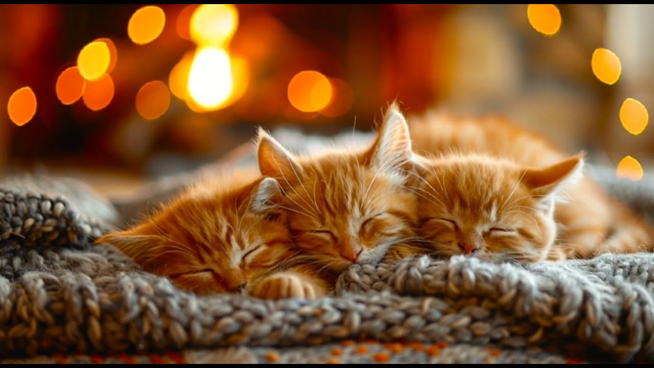 Sleepy Kittens by the Fireplace: Purring, Crackling Wood & Relaxing Music