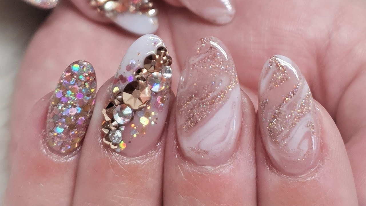 Rose Gold Acrylic Nail Design, Marble Nails, Swarkvski Crystal Trail