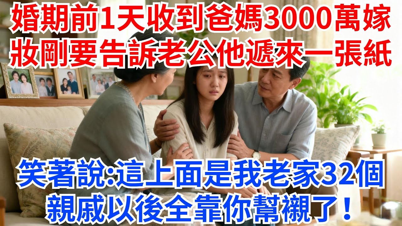婚期前1天，我收到爸媽轉賬的3000萬嫁妝，剛要告訴老公，他遞來一張紙笑著說：這上面是我老家32個親戚，以後全靠你幫襯了！#家庭矛盾 #故事分享 #情感故事 #婆媳 #嫁妝