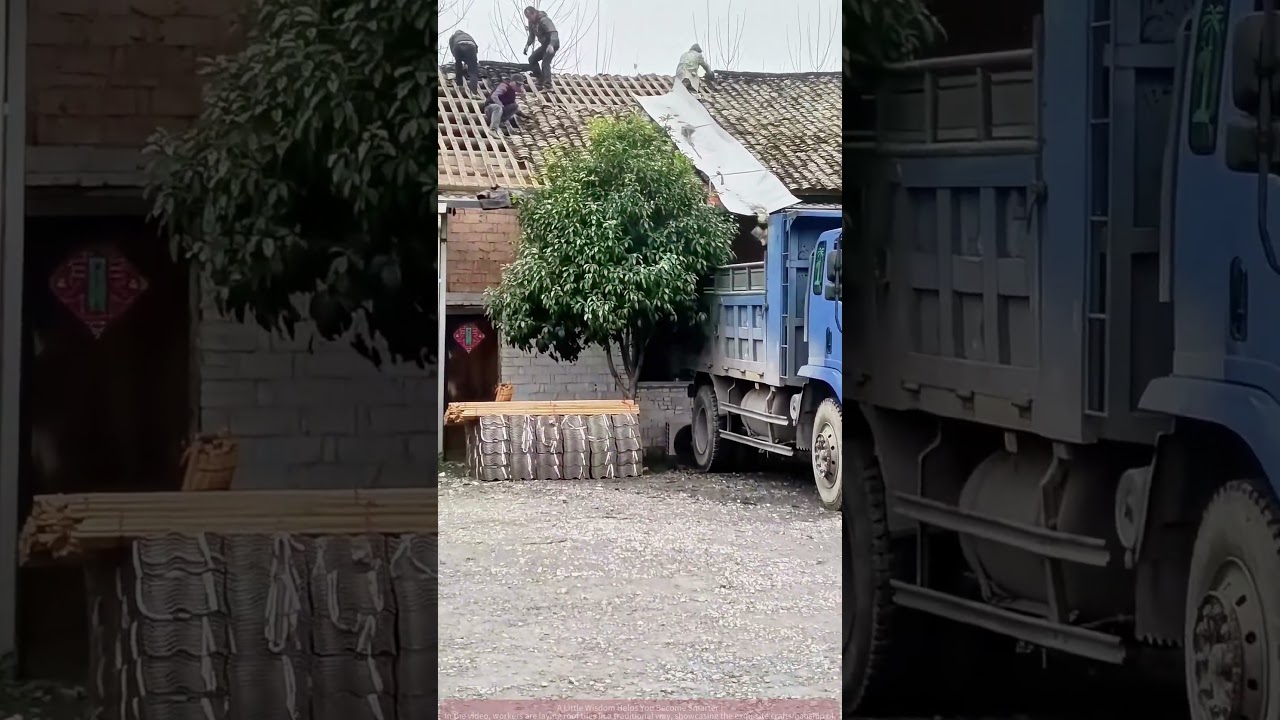 Traditional Tile Roof Construction, Workers Show Exquisite Craftsmanship, Truck Assists the Project