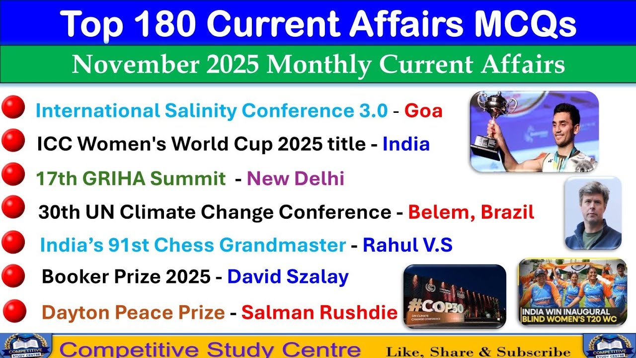 November Monthly Current Affairs 2025 | Top 180 MCQs | SSC , RAILWAY ...