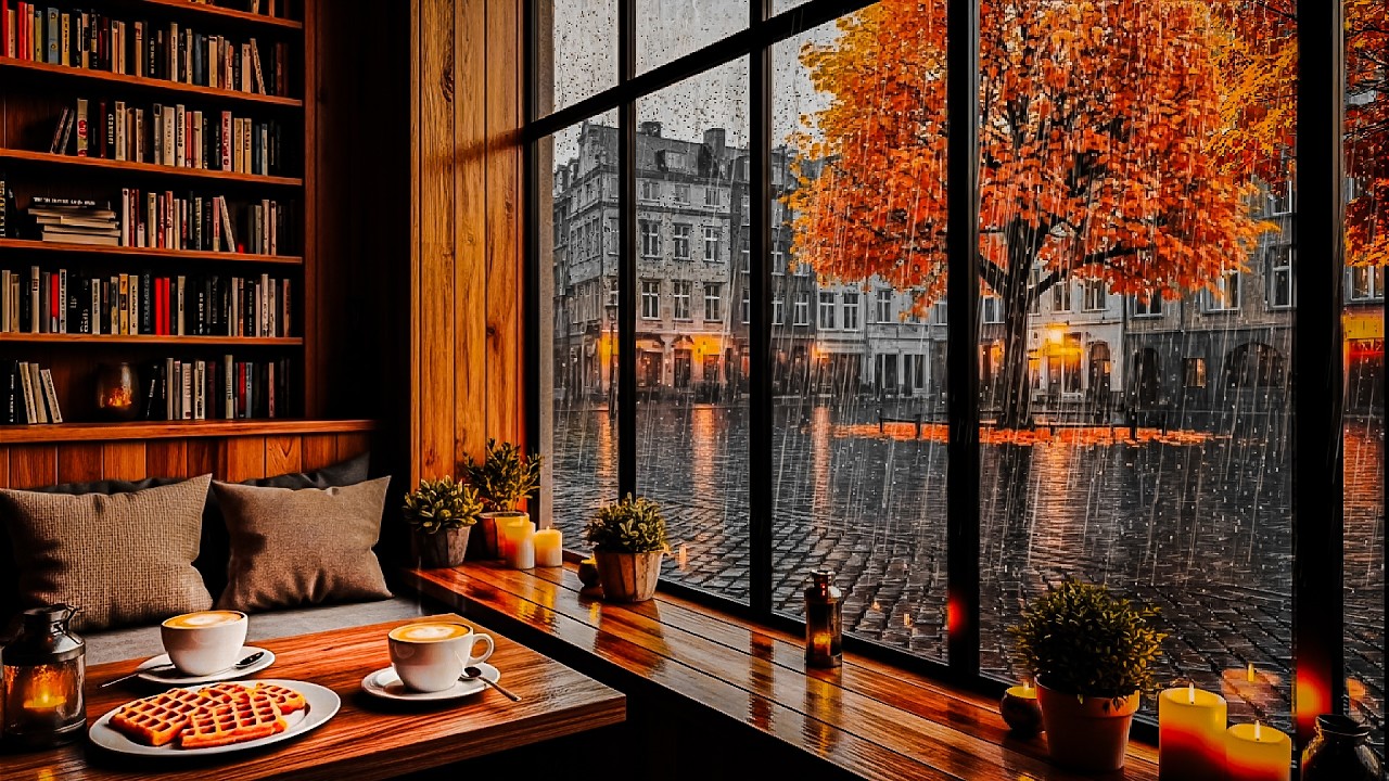 Rainy Autumn Café Window 🍂 Smooth Jazz & Cozy Coffee Shop Ambience for ...