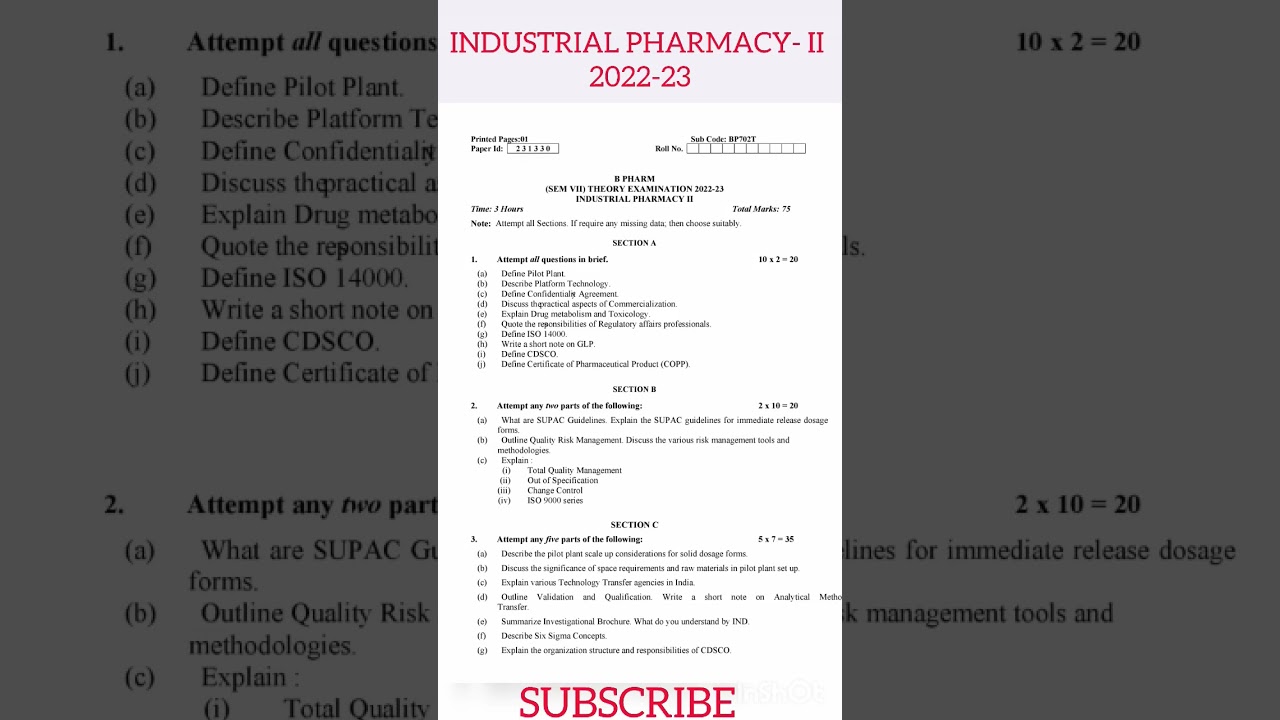 Industrial Pharmacy -II 2022-23 || Previous year question papers || B Pharma 7 sem || BP702T || AKTU