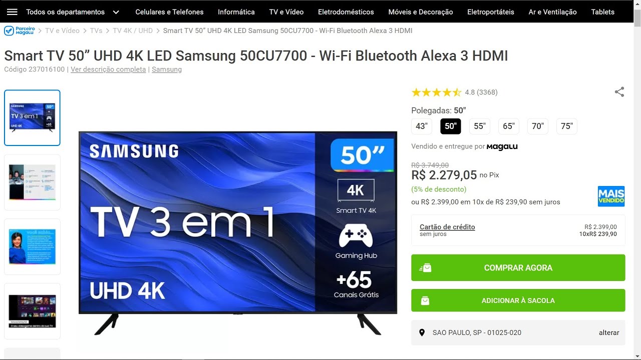 Smart TV 50” UHD 4K LED Samsung 50CU7700 - Compras na MAGAZINE LUIZA ...