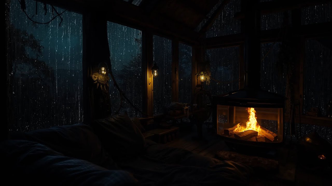 Rainy on Window Cabin and Fireplace Sounds | Peaceful Night in a Wooden ...