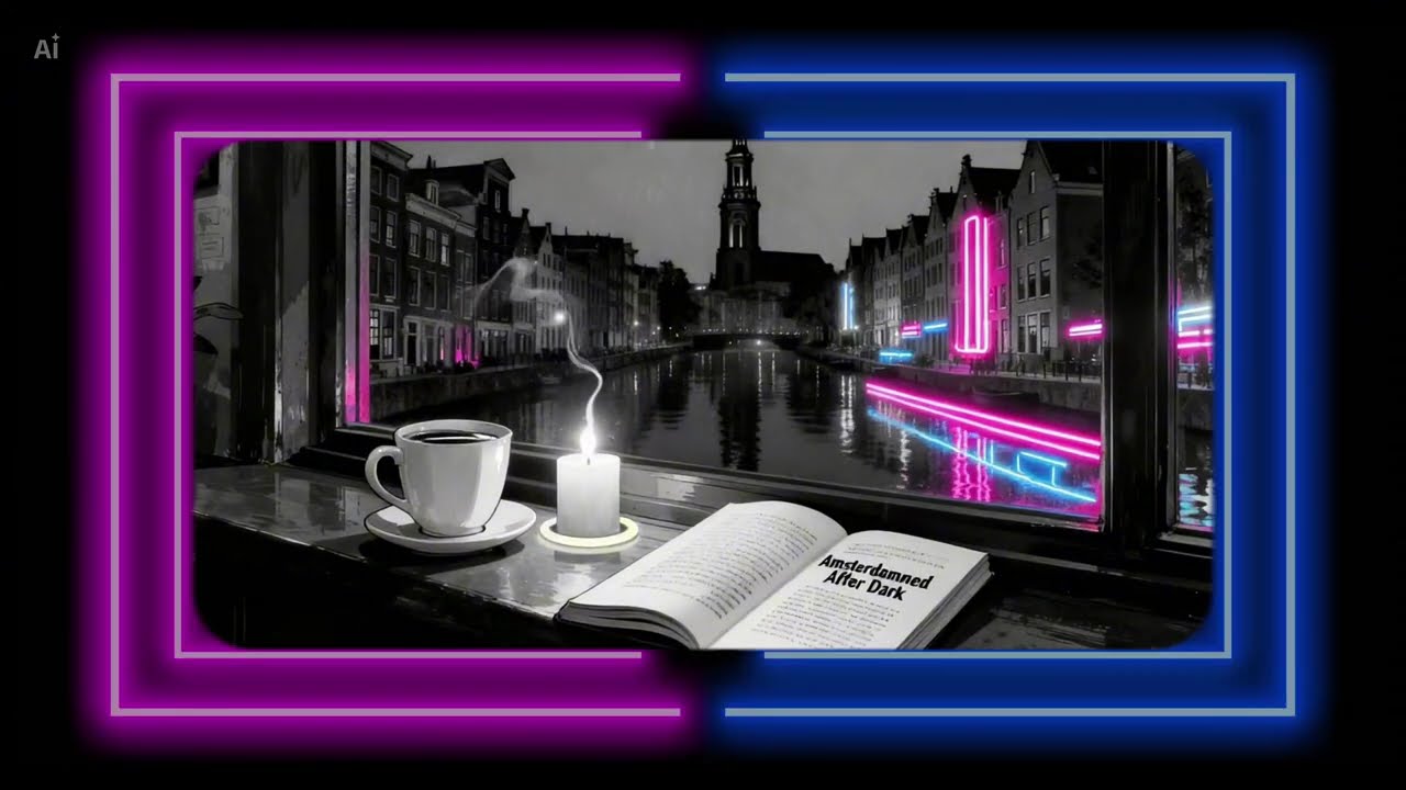 Amsterdam Coffee Shop Ambience ☕ Neon Lights & Relaxing Canal View | Chill Night Vibes-3 Hours