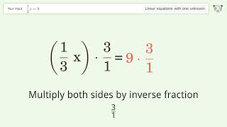 Linear equation with one unknown: Solve 1/3x=9 step-by-step solution
