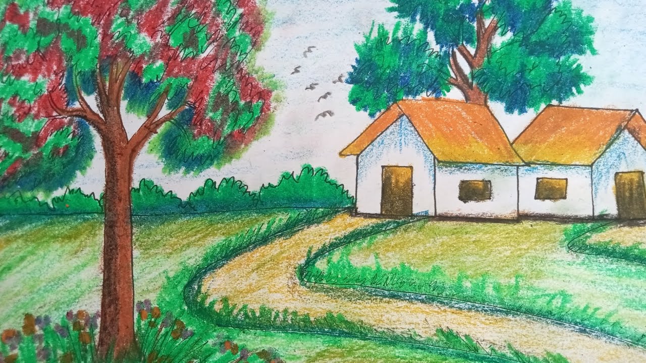 Easy Village Landscape Drawing for Beginners | Oil Pastel Art tutorials | Step By Step Art