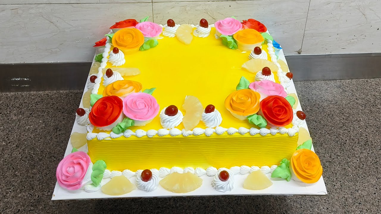 Pineapple Square Cake Design/5 kg का बड़ा बनाते हैं न्यू केक/Square Pineapple Cake Decoration 