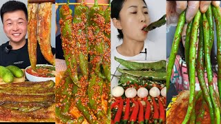 Chinese men vs Women's spiciest green fried chilis eating spicy hot food eating challenge ASMR