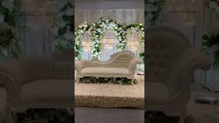 Ultimate Wedding Stage Glam White & Silver Sofa, Den Flower Arch & Chandelier