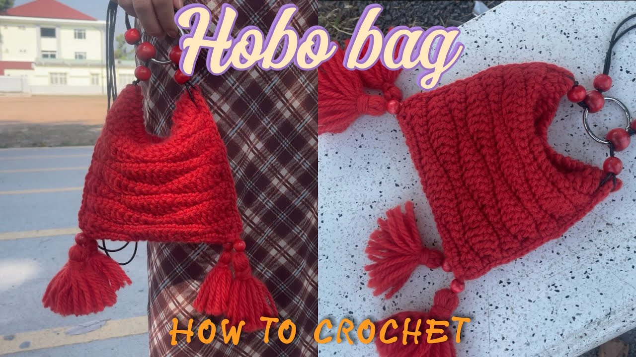 DIY Crochet Red Hobo Bag 🍎| 簡単！ビーズとタッセルが可愛い「赤の