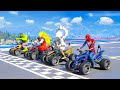 SUPERHERO Competition Challenge Spiderman, FNAF &amp; LUFFY GEAR 5 Motorbike Jump over the Ocean #990