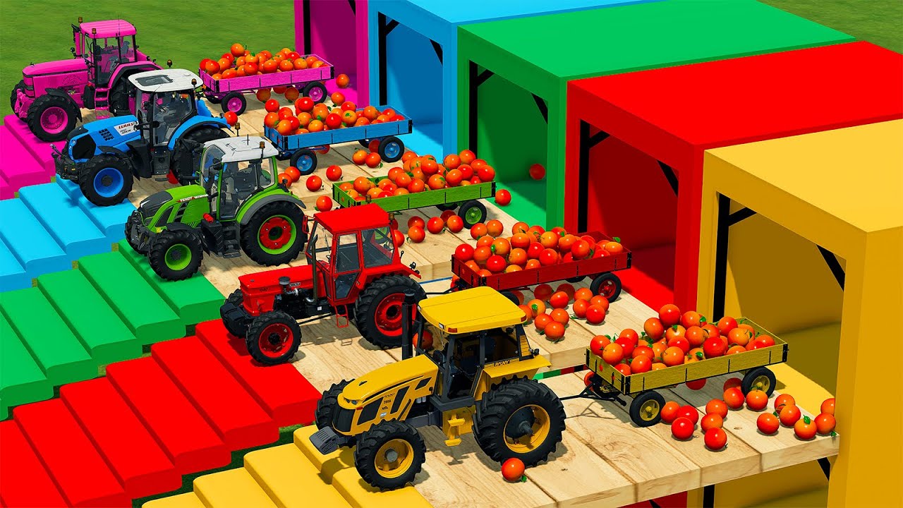 JOHN DEERE vs CLAAS vs FENDT vs FIAT vs PAUNY TRACTORS BATTLE WITH ORANGES - Farming Simulator 22