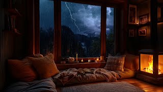 Embracing the Thunderstorm: Cozy Window Nook with Sleeping Cat and Crackling Fireplace