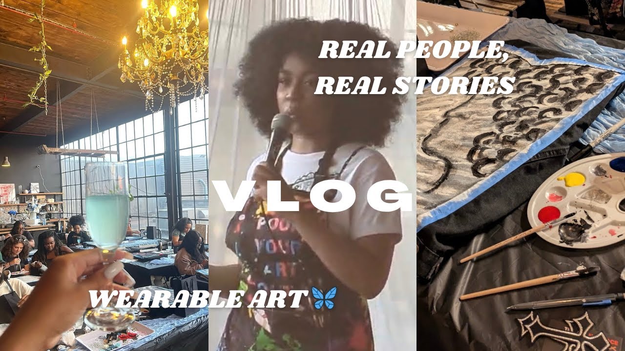 Tianna Henry leading a wearable art class in Toronto, surrounded by guests showing off hand-painted denim jackets.