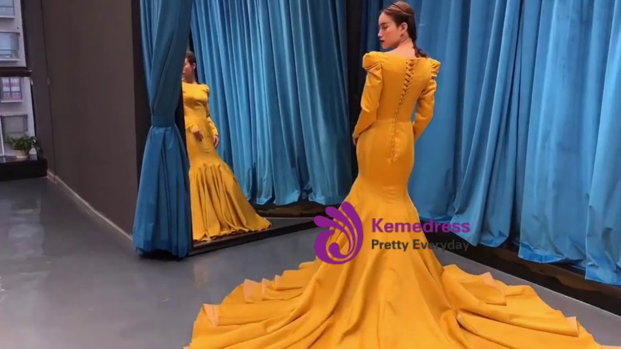 kemedress Simple Yellow Mermaid Satin Long Sleeve Prom Dress With Long Train