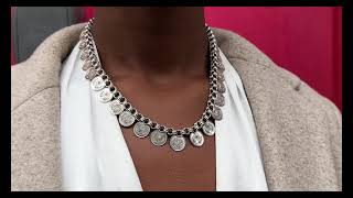 16.5" Victorian Silver Edelweiss Flower Coin Collar Necklace, 31.8g #X1745