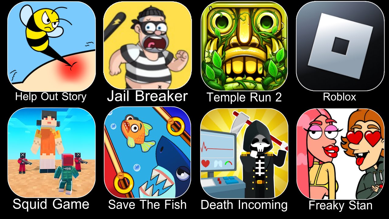 Help Me Tricky Story,Jail Breaker,Temple Run 2,Roblox,Squid Game