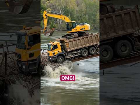 Excavator Truck Disaster! Iron Bridge Collapses Into Water 😱💥💦 #truck #excavator #shorts