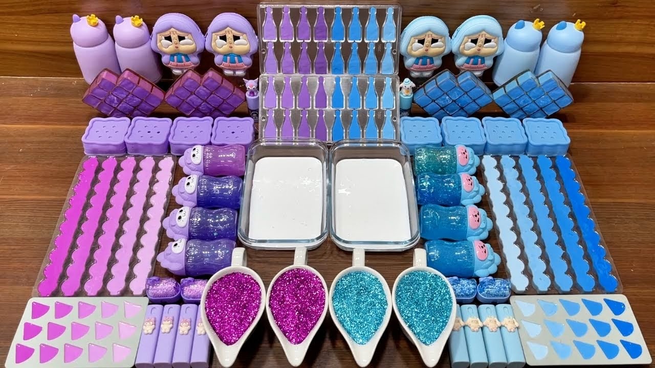Slime mixing Babycry purple vs blue – glossy slime ASMR pops 
