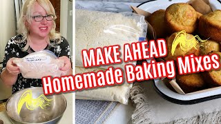 4 HOMEMADE MAKE AHEAD BAKING MIX RECIPES!  Muffins, Chocolate Cake, Cornbread, and DIY Bisquick!