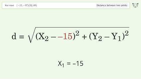 Find the distance between two points p1 (-15,-97) and p2 (52,89): Step-by-Step Video Solution