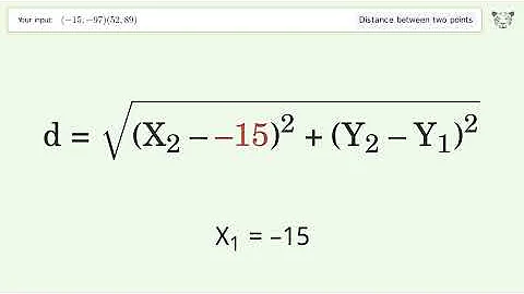 Find the distance between two points p1 (-15,-97) and p2 (52,89): Step-by-Step Video Solution