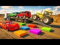 TRANSPORTING PIXAR CARS & FRUITS WITH COLORED & JOHN DEERE vs CLAAS vs TRACTORS - BeamNG.drive #983
