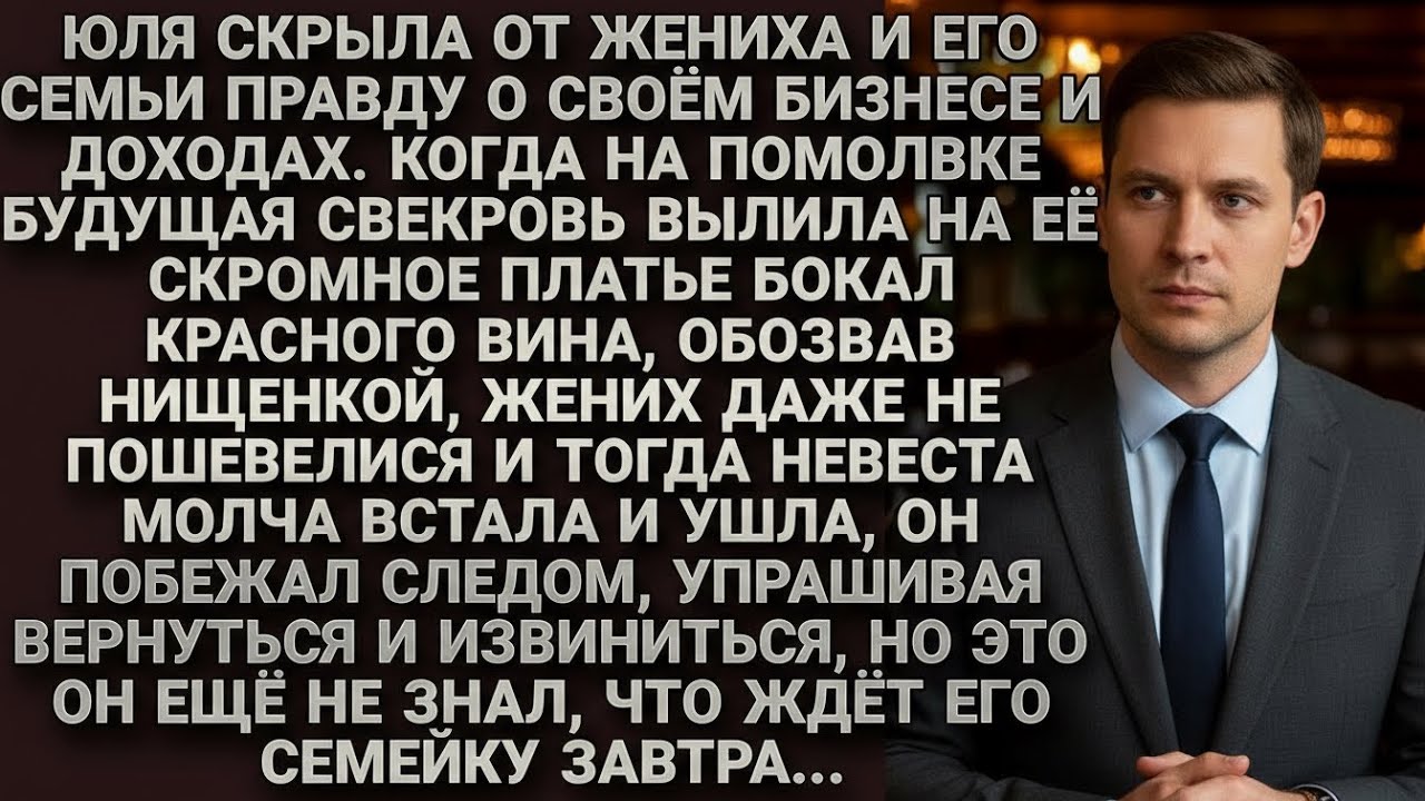 На помолвке свекровь назвала Юлю нищенкой и облила вином, но та смолчав, ушла, а на следующий день