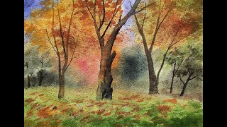 Beautiful Autumn Tree Landscape Painting with Watercolor