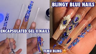 Blue Bling Nails | Temu Bling Haul pt. 3 | Encapsulated Glitter Gel-X | 3XL Square Full Cover Tips