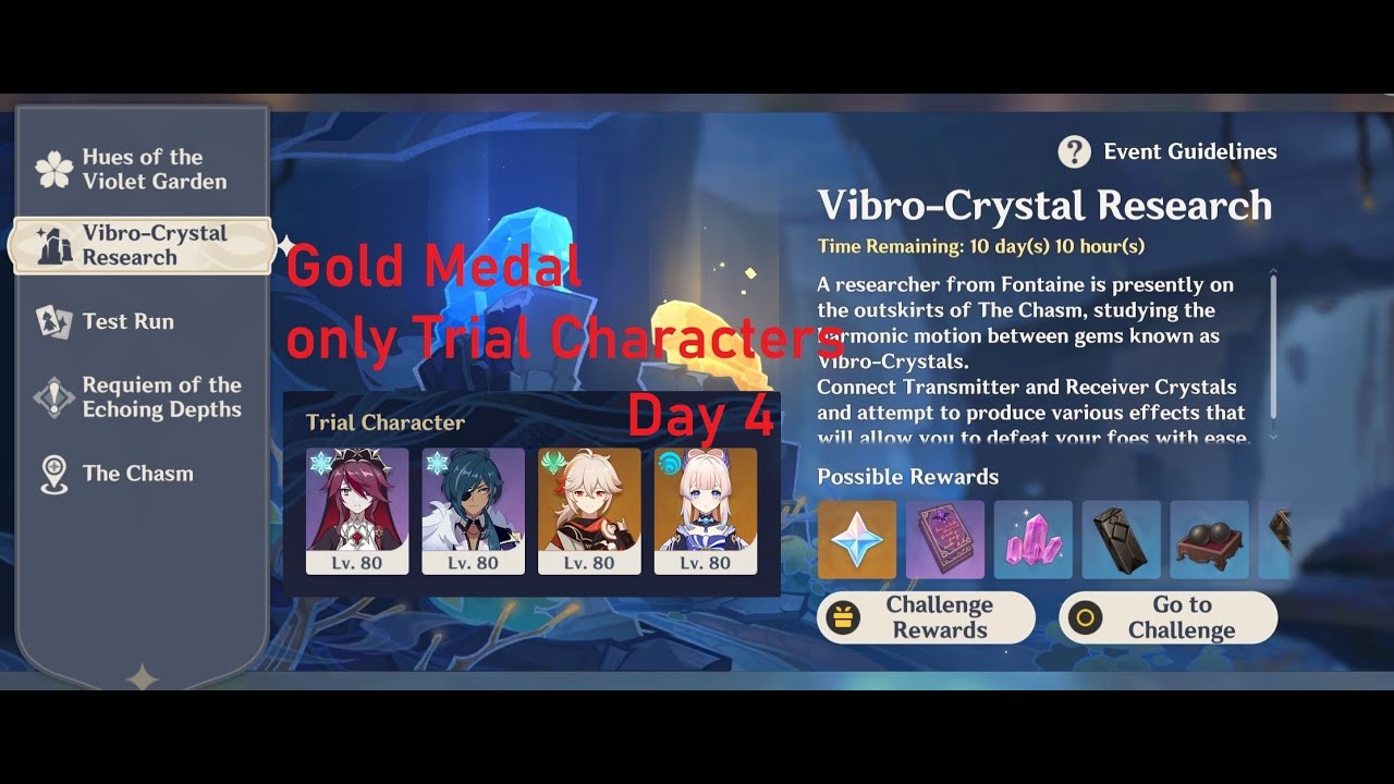 Vibro Crystal Research Day 4 Gold medal with Trial Characters only