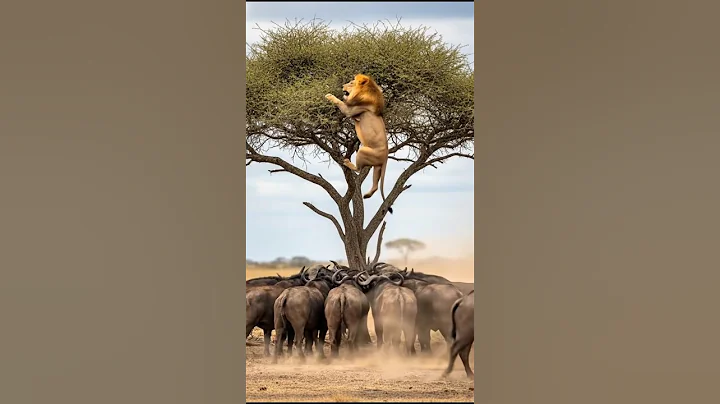 Shocking! Buffalo Try to Knock Down Lion Trapped in a Tree