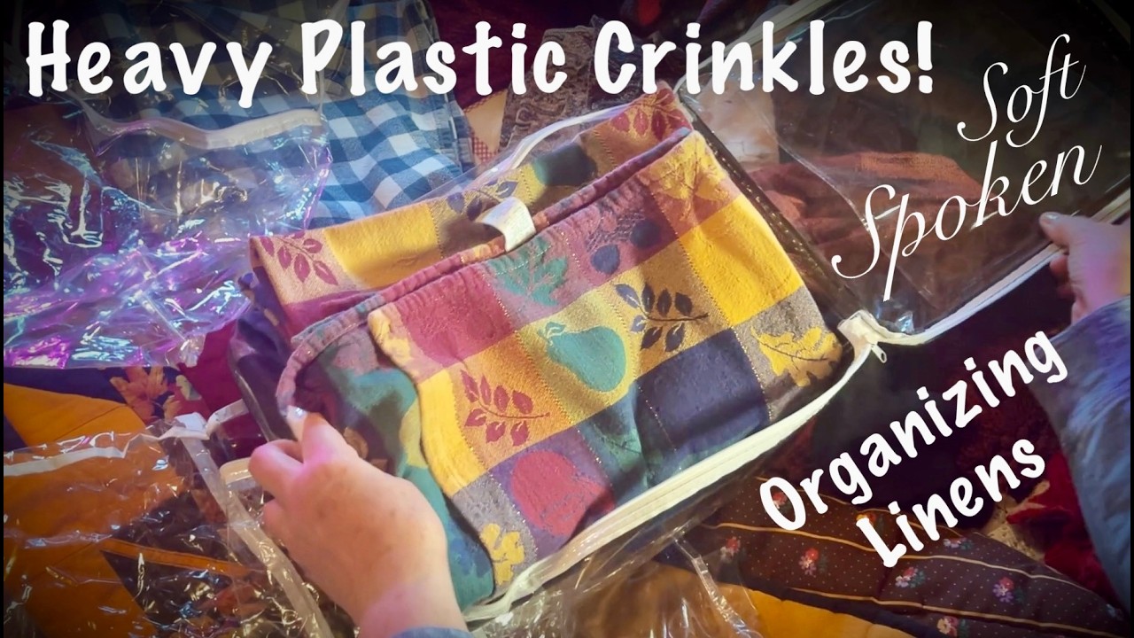 ASMR Heavy plastic crinkles! (Soft Spoken version) Organizing and storing linens!