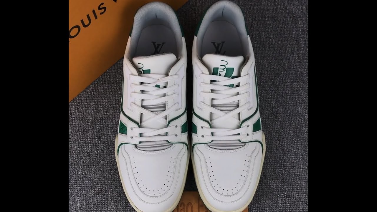 Louis Vuitton lv Trainer sneakers retro basketball sneakers White calfskin green 1A54HO unboxing ...
