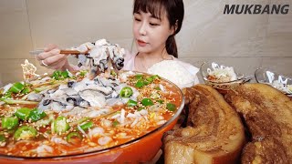 SUB) Raw Oyster 1kg Pork belly 2Kg Oyster Kimchi Spicy cold soup Noodles REAL SOUND ASMR MUKBANG