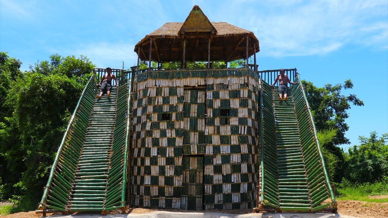 Building Swimming Pool And Bamboo Water Slide Around Bamboo Brick House