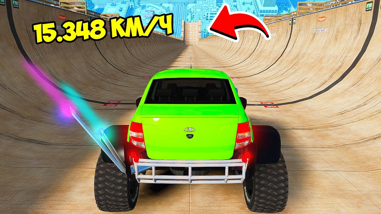 СПУСК БЕЗ ТОРМОЗОВ ЛАДА ГРАНТА БИГФУТ НА ОГРОМНЫХ КОЛЁСАХ ПО ТРАМПЛИНУ ...