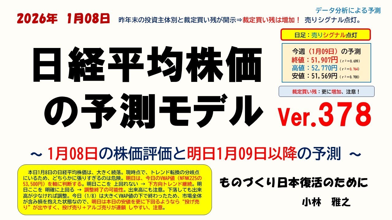 1月8日　昨年末の投資主体別と裁定買い残が開示⇒裁定買い残は増加！ 売りシグナル点灯。 日経平均株価の予測モデルVer 378