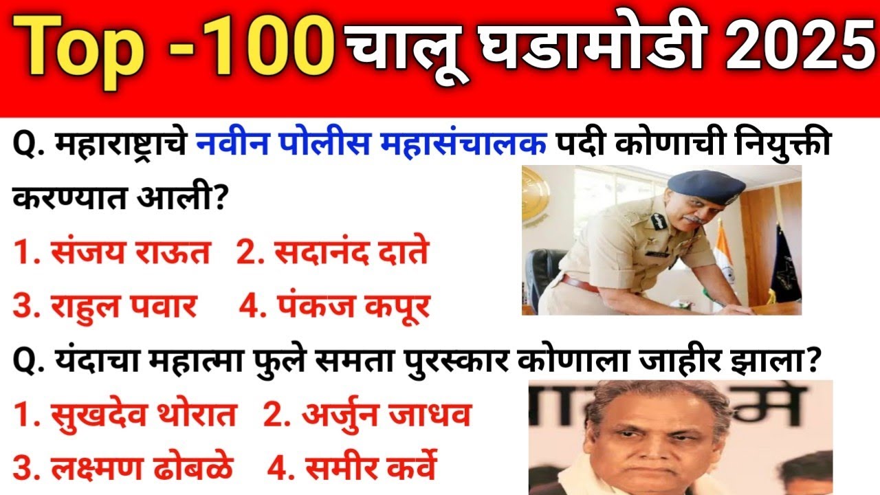 चालू घडामोडी प्रश्न 2025 | Top Current Affairs Questions | Chalu Ghadamodi Question 2025