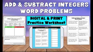 Adding and Subtracting Integers Word Problems Digital and Print Math Activity