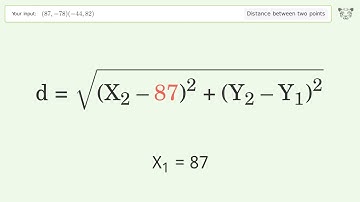 Find the distance between two points p1 (87,-78) and p2 (-44,82): Step-by-Step Video Solution