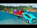 Flatbed Trailer McQueen Transportation with Truck - Speedbumps vs Cars vs Train - BeamNG Drive #003