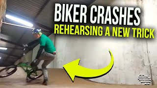 Biker Crashes Rehearsing a New Trick Then Flips Backward Before Getting Back Up