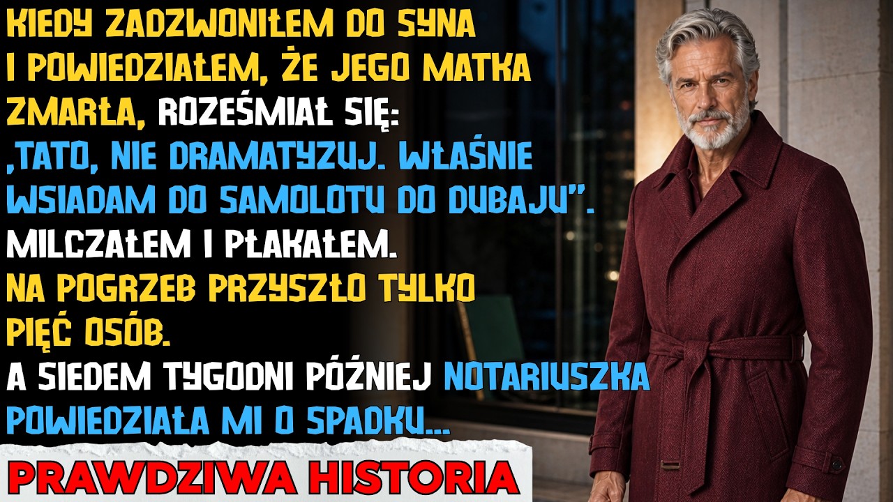 Siedem tygodni po pogrzebie żony notariuszka położyła między mną a synem zieloną teczkę. Tomasz nie przyjechał na pogrzeb matki – wsiadł do samolotu do Dubaju, gdy usłyszał, że umarła. Teraz...