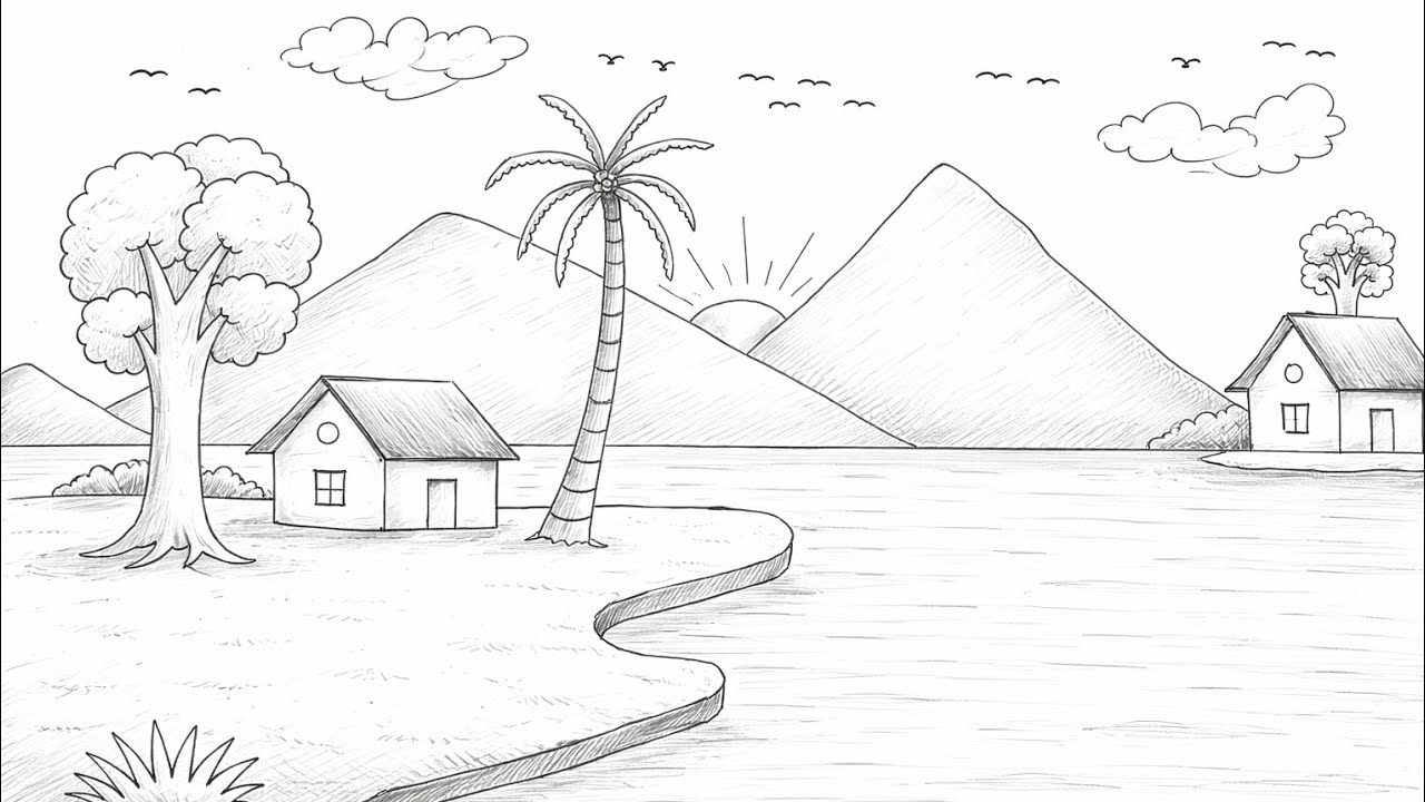 How to make a beautiful scenery drawing/ prakrutik drishya kaise banaen/ house scenery drawing easy 